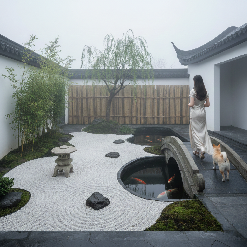 带人物尺度的庭院桥景