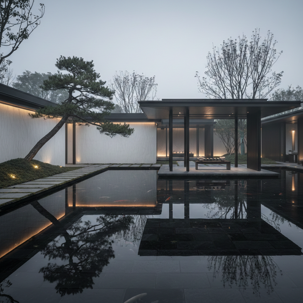黄昏庭院水景